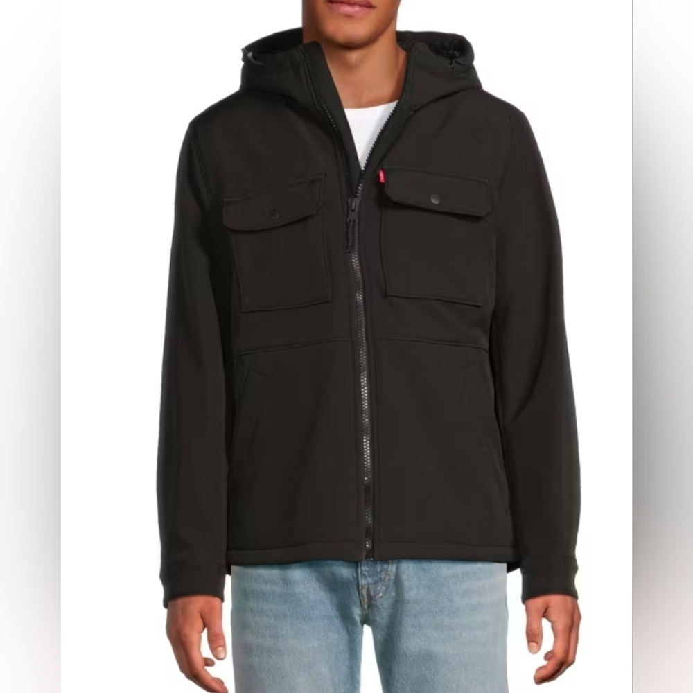 Levi's Size SM Or MD Mens Hooded Soft Shell Zip Up Jacket W/Inner Pocket Black